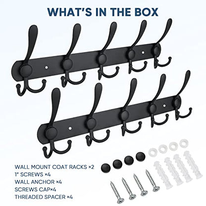 TICONN Wall Mounted Coat Rack, Five Heavy Duty Tri Hooks All Metal Construction for Jacket Coat Hat in Mudroom Entryway (Matte Black, 2-Pack)