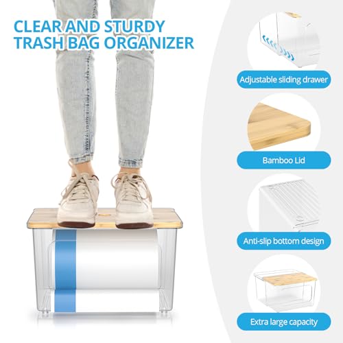 Trash Bag Dispenser Roll Holder - Clear Garbage Bag Holder Dispenser with Bamboo Lid and Sliding Drawer Box, Trash Bag Holder for Kitchen, Under Sink, Laundry Room Organization and Storage