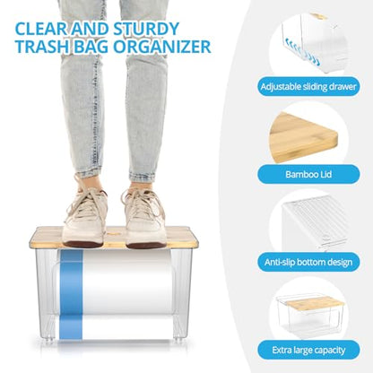 Trash Bag Dispenser Roll Holder - Clear Garbage Bag Holder Dispenser with Bamboo Lid and Sliding Drawer Box, Trash Bag Holder for Kitchen, Under Sink, Laundry Room Organization and Storage