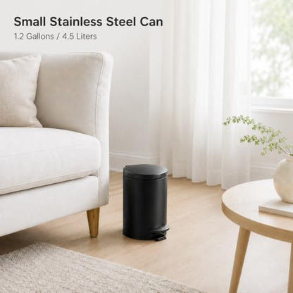 TIPGO 1.2 Gallons Small Black Trash Can, Bathroom Garbage Can with lid, Foot Pedal Trash Bin, Mini Round Wastebasket for Bathroom, Bedroom, Office, 4.5 Liters, Matte Black