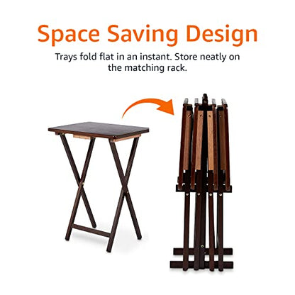Amazon Basics Portable Foldable TV Tray Table with Storage Rack, Space-Saving Design, Sturdy Wood, 14.6" L x 19" W x 26" H, Espresso, 4-Pack