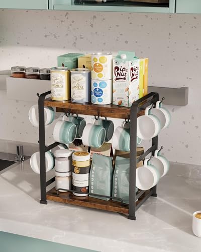OROPY Coffee Mug Holder Countertop, Mug Rack 2 Tier Shelf & 14 Mug Hooks | Wooden Coffee Bar Station Organizer, Multi-functional Coffee Bar Accessories for Kitchen, Vintage Brown