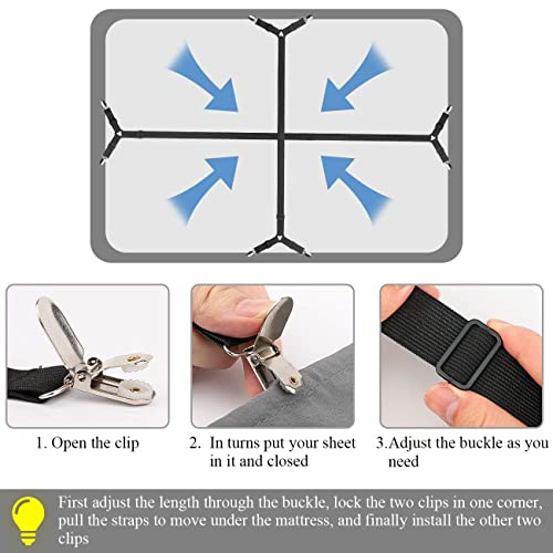 ZHOUBIN Bed Sheet Holder Straps, Adjustable Elastic Crisscross Bed Sheet Fastener Straps Grippers Suspenders for All Bed Sheets, Mattress Covers(2 Set/4Pcs, Black)