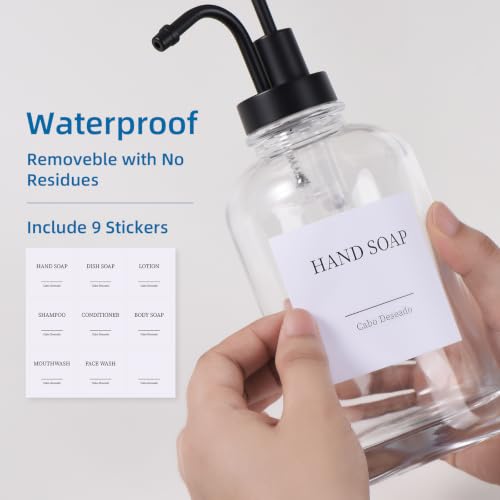 Glass Soap Dispenser with Upgrade Pump, Hand and Dish Soap Dispenser for Bathroom Kitchen, Soap Dispenser Set with 9 Stickers Funnel Bamboo Tray 500ml 18oz Clear