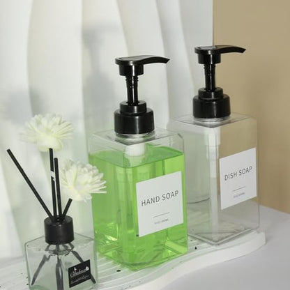 Clear Soap Dispenser with Waterproof Labels, Thickened Plastic Hand Soap Dispenser for Bathroom, Kitchen Dish Washing Liquid Bottles, Shampoo and Conditioner Bottles with Funnel (15oz 4Pack Clear)