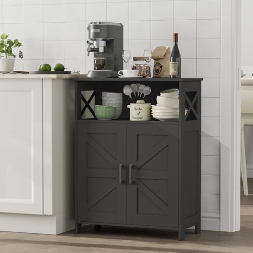 Farmhouse Bathroom Storage Cabinet with Doors, Small Floor Cabinet | Toilet Paper Cabinet with Adjustable Shelf, Freestanding Storage Cabinet for Kitchen/Laundry/Living Room, 24"W, Black