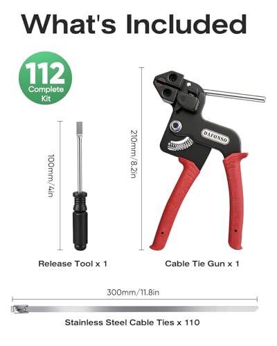 112-Piece Cable Tie Gun Kit, 11.8 Inch 304 Stainless Steel Zip Ties | Includes 110 Metal Zip Ties and Release Tool; Gun Tightens and Cuts for Fence, Exhaust Pipe, Chicken Coop, Farm and Cables