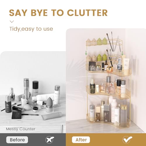 Makeup Organizer 3-Tier Bathroom Counter Organizer with Makeup Brush Holder | Corner Bathroom Organizer Countertop, Acrylic Counter Storage for Bathroom Dresser, Skincare Perfume Organizer- Amber Gold