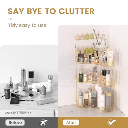 Makeup Organizer 3-Tier Bathroom Counter Organizer with Makeup Brush Holder | Corner Bathroom Organizer Countertop, Acrylic Counter Storage for Bathroom Dresser, Skincare Perfume Organizer- Amber Gold