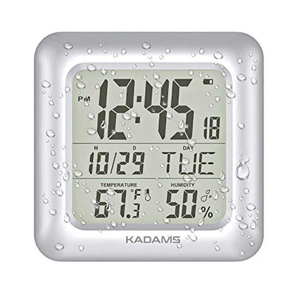 KADAMS Bathroom Clock 9.5" Kitchen Wall Clock with Large LCD Screen – Shower Clock with Suction Cup,Temperature, Humidity, Calendar – Water-Resistant, 4 Mounting Options, Silver