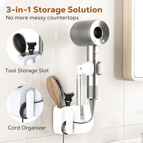 MoKo Hair Dryer Holder Wall Mount, Anti-Sag Adjustable Blow Dryer Stand | Anti-sag knob lock, 360° rotation, Height adjustable, Storage slot and cable management, No drill installation needed.