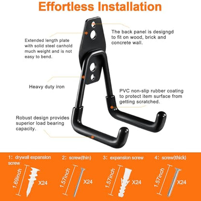 HUPBIPY 12 Pack Garage Hooks Heavy Duty, Wall Mount Ladder Hooks | Storage Organizer With a non-slip coating for Hanging Bicycles Garden Tools Ladders Hoses Ropes and Loose Items(Black)