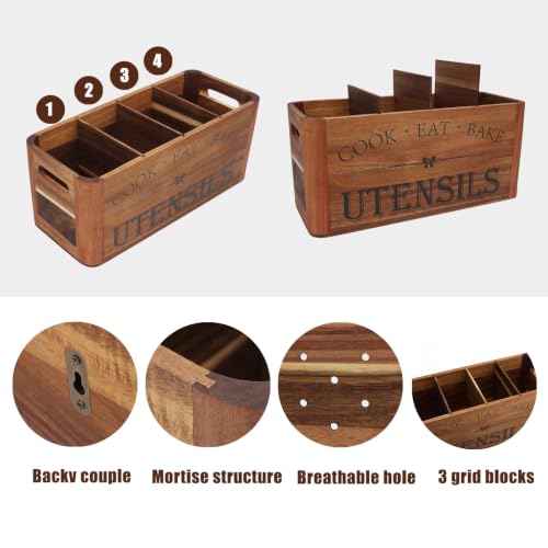 Utensil Holder for Kitchen Countertop - Extra Large 4 Compartment Wooden Organizer in Acacia Wood, Storage for Cooking Tools and Cutlery, Farmhouse Style for Home Cooking