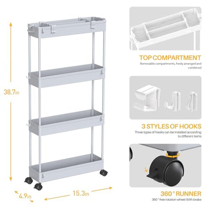 Slim Storage Cart 4 Tier,Bathroom Organizer Rolling Utility,Mobile Shelving Unit Slide Out for Office, Kitchen, Laundry Room & Narrow Places,Gray