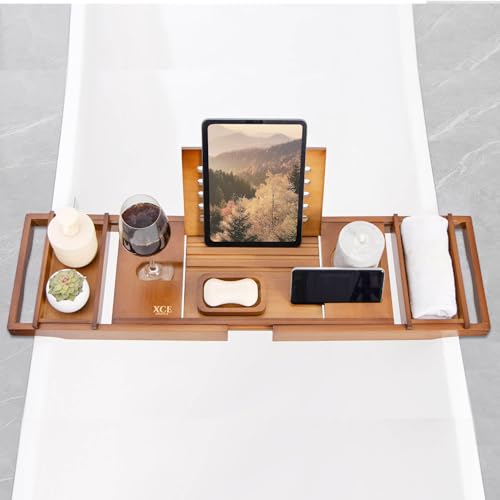 Bamboo Bathtub Caddy Tray with Book Stand & Soap Holder, Brown | Expandable to 41 Inches & Anti-Slip Pads for Luxury Bath Spa