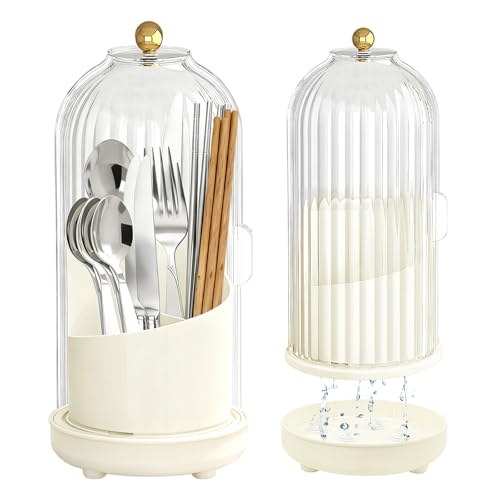 Kitchen Utensil Holder with Sliding Lid and Draini... (White | Plastic)