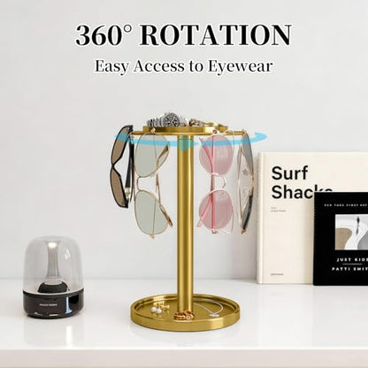 360° Rotating Sunglasses Organizer, Glasses Holder with Organizer Tray | Stainless Steel Eyeglasses Holder with Storage Base for Dresser, Desk Table, Nightstand & Home Decor, Gold