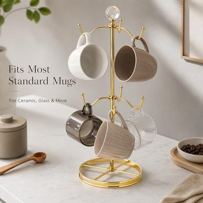 Mug Tree Coffee Cup Holder for Counter Top 6 Hooks(Gold) | Double Tier Metal Mug Tree for Counter with Crystal Ball for Small-Space,Mug Stand Tree Countertop with Patterned Base Rim
