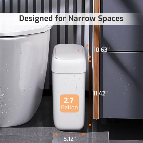 Small Bathroom Trash Can with Lid, 2.6 Gallon Garbage Can with Pop-Up Lid | Press Top Lid, Dog Proof, Slim for Small Space, Premium Plastic, Easy to Use Waste Basket for Room, Office, Toilet, Rv, White