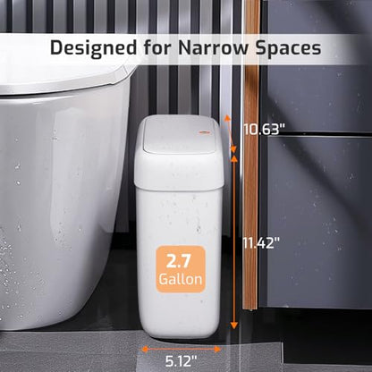 Small Bathroom Trash Can with Lid, 2.6 Gallon Garbage Can with Pop-Up Lid | Press Top Lid, Dog Proof, Slim for Small Space, Premium Plastic, Easy to Use Waste Basket for Room, Office, Toilet, Rv, White