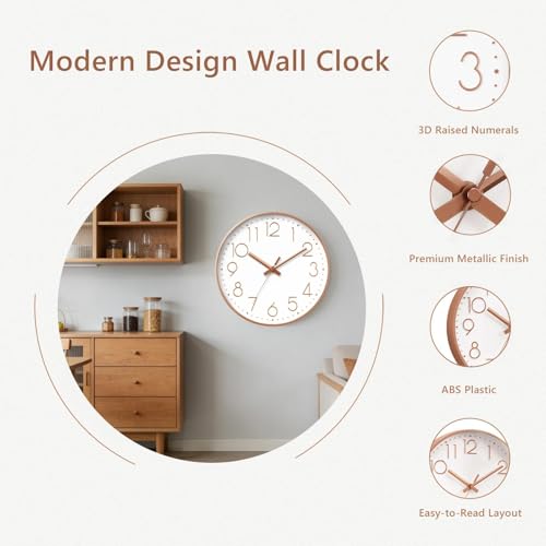 DAXSMY Wall Clock 12 Inch Rose Gold Decorative, Battery Operated Silent | Round; bold 3D numbers easy read; silent non-ticking; battery Operated, 1 AA not included; for bathroom, Living room