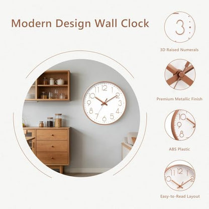 DAXSMY Wall Clock 12 Inch Rose Gold Decorative, Battery Operated Silent | Round; bold 3D numbers easy read; silent non-ticking; battery Operated, 1 AA not included; for bathroom, Living room