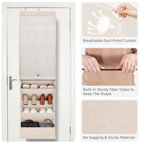STORAGE MANIAC Over the Door Shoe Organizer with Curtain Dustproof Heavy-Duty Large Deep Pocket Hanging Shoe Organizer for Closet Dorm & Narrow Door Storage Shoe Holder Shoe Rack, 9-Shelf Beige 1 Pack