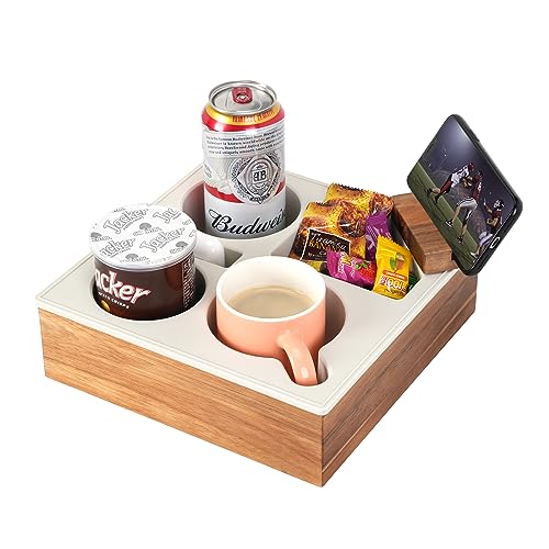 Couch Cup Holder Tray, Handy Soft Silicone Acacia Wooden Couch Caddy for Bed Car Seat Beach Organizer, Waterproof Anti-Spill Sofa Cup Holder for Snacks Beverage Remote (White)