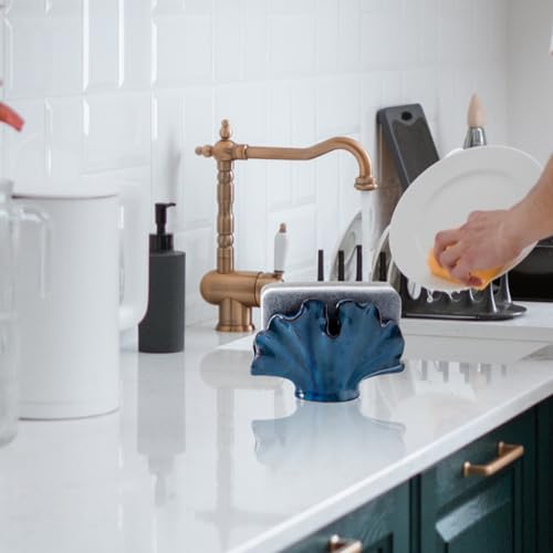 Ceramic Sponge Holder,Sponge Holder for Kitchen Sink,Compact Sink Caddy Organizer-Scouring Pad and Dish Sponge Holders,Farmhouse Kitchens Decor Cute Kitchen Gadgets Accessories(Blue)