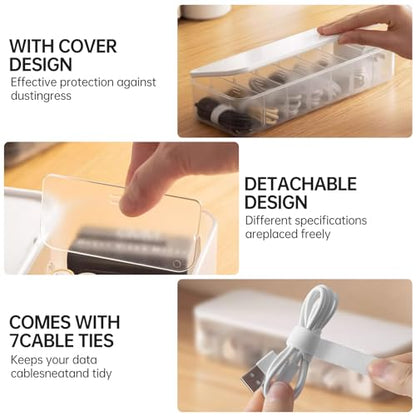 Cable Organizer Storage Box with Lid, 7 Wire Ties, White | Adjustable Dividers, Holds Power Cords & Charger, Dust-Proof, Desktop Accessories & Stationery Supplies for Home & Office