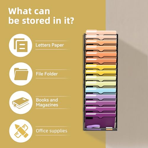 16-Tier Hanging Wall File Holder Organizer for Papers, Folders, Files Clipboard & Magazine Organization Great for Office Home, Assembly Needed, Black | Paper, Folder, Magazine Rack Great for Office Home School, Assembly Needed, Black