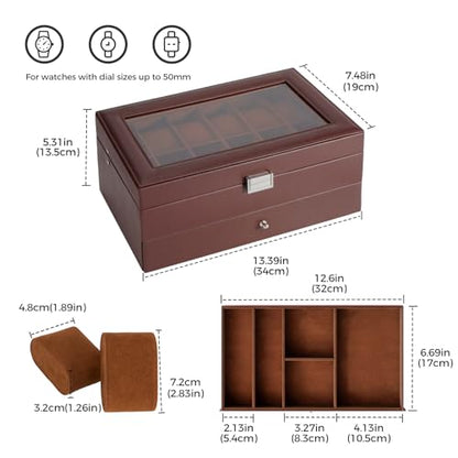 ProCase Watch Box, 12 Slot Watch Case for Men with Drawer, Espresso | 2-Layer Watches Display Case with Glass Lid, Mens Jewelry Box Storage Holder Organizer, Anniversary Christmas Birthday Gift