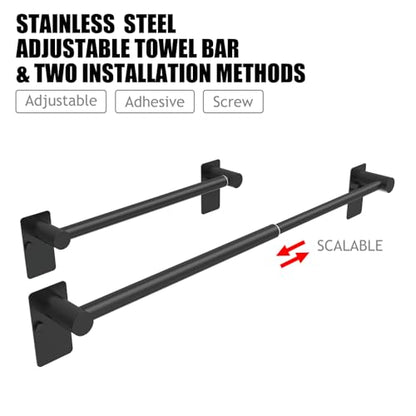 Towel Bar, 14inch to 25inch Adjustable Towel Holder Rod, Self Adhesive Wall Mounted Hand or Body Towel Rack for Bathroom Kitchen, 304 Stainless Steel Organizer Single Bar Matte Black