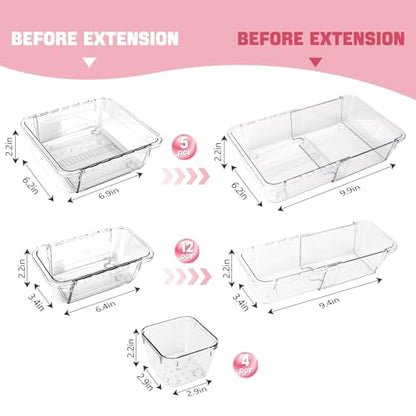 21 PCS Extendable Drawer Organizer Set Clear Stackable Vanity Storage Bins | 3-Size BPA-Free Acrylic Trays, Non-Slip Durable Boxes for Makeup Cosmetics Office Desk Utensils Bathroom Dresser Countertop