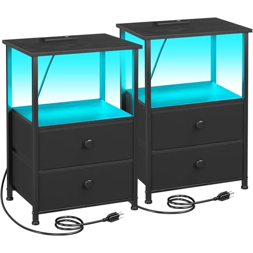 Nightstands Set of 2, LED Night Stand with Charging Station | Bedside Table with Type-C Outlets & 2 Fabric Drawers, End Tables with Storage Shelf for Bedroom, Small Spaces, Black