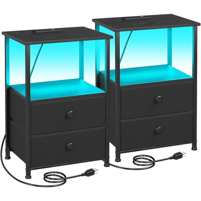 Nightstands Set of 2, LED Night Stand with Charging Station | Bedside Table with Type-C Outlets & 2 Fabric Drawers, End Tables with Storage Shelf for Bedroom, Small Spaces, Black