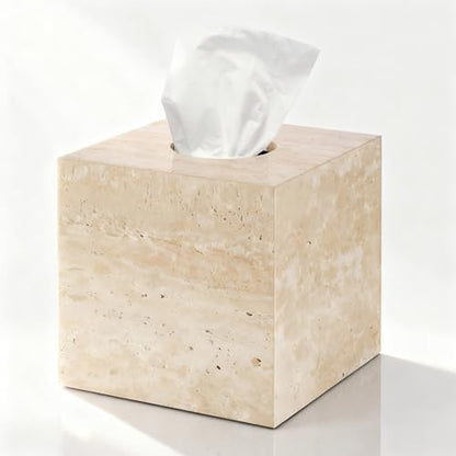 Natural Travertine Marble Tissue Box Holder Cover, Square Cube Tissue Box Holder with Open Bottom for Bathroom Vanity Tops, Bedroom Dressers, Kitchen Countertop, Travertine Beige(NS022)