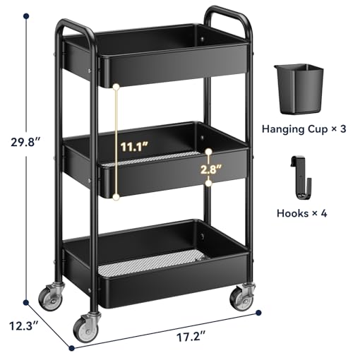 3 Tier Rolling Cart, Heavy Duty Metal Utility Cart with Wheel Black | Sturdy Rolling Storage Cart With Hooks & Hanging Cups, Great For Craft, Art Workspace, Kitchen ,Snack And Office Storage