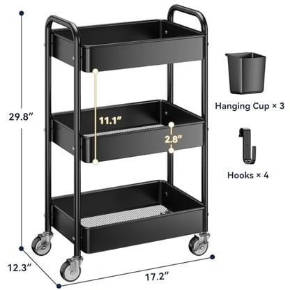 3 Tier Rolling Cart, Heavy Duty Metal Utility Cart with Wheel Black | Sturdy Rolling Storage Cart With Hooks & Hanging Cups, Great For Craft, Art Workspace, Kitchen ,Snack And Office Storage