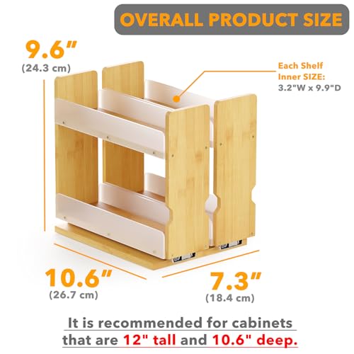 SpaceAid Bamboo Pull Out Spice Rack Organizer for Cabinet, Heavy Duty Slide Out Seasoning Kitchen Pantry Sliding Vertical Organization, 7.3" Wide, 2 Drawers(3" Wide), 2-Tier, Natural