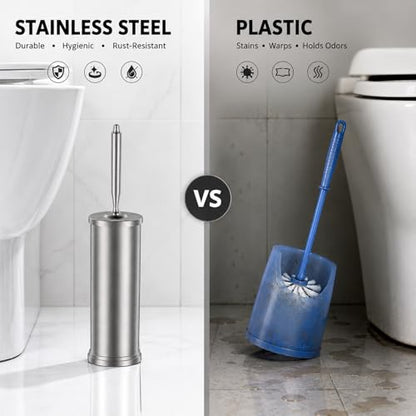 Stainless Steel Toilet Brush and Holder Set, Nickel | Weighted Stable Base Removable Inner Tube Toilet Bowl Brush Splash-Proof Design for Deep Cleaning Space Saving Storage
