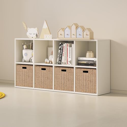 Foldable Storage Baskets with Handles Paper Rope Storage Baskets Rectangle Collapsible Hand Woven Storage Cubes Bins for Organizing Shelves Living Room Bedroom Pantry (4, 11'' x 11'' x 11'')