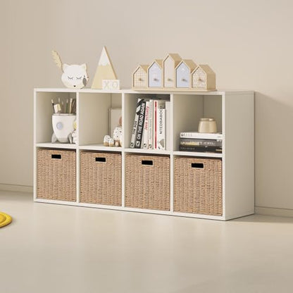 Foldable Storage Baskets with Handles Paper Rope Storage Baskets Rectangle Collapsible Hand Woven Storage Cubes Bins for Organizing Shelves Living Room Bedroom Pantry (4, 11'' x 11'' x 11'')