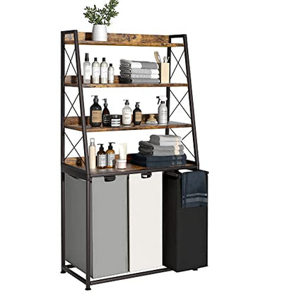 Laundry Basket, 3 Section Laundry Hamper with 4 Tiers Shelf, Pull-Out and Removable Laundry Bags, Large 3 x 15.87 Gallons, for Laundry Room Bathroom Rustic Brown PF05XLN