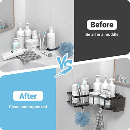AKTECKE Corner Shower Caddy, 2 Pack Adhesive Shower Corner Organizer Shelves, No Drilling Stainless Steel Shower Storage Rack with Hooks&Toothpaste Holder for Bathroom Kitchen （for 90° Corners Only）