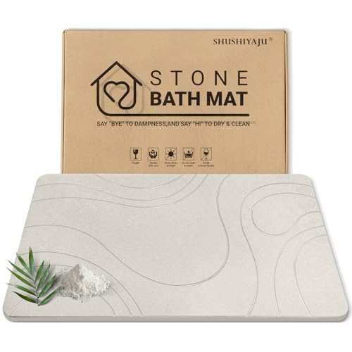 Stone Bath Mat Quick Dry Diatomaceous Earth Bath Mat Non-Slip Shower Stone Bathmat Super Absorbent Water Diatomite Bathroom Floor Pad, Natural, Esay to Clean, 23.6 x 15.4 (Flow Line-Beige)
