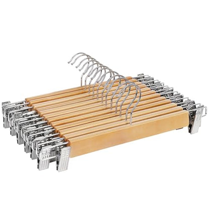SONGMICS Wooden Pants Hangers 12 Pack, Pants Hangers with Clips, Adjustable Anti-Rust Metal Clips, 360° Swivel Hook, Skirt Hangers for Pant, Skirts, Natural Grain UCRW008-12
