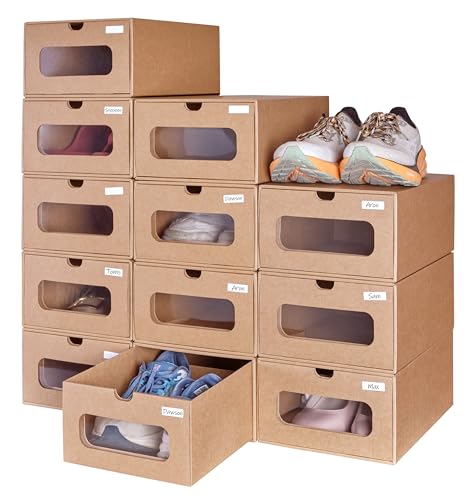 12 Pack Shoe Storage Bins, Waterproof Storage Boxes, Shoe Containers For Sneaker Display, Hat Organizer, Stack-able Cardboard Boxes, with Marking Labels, Transparent Window(13.2'' x 8.3'' x 5.1'')