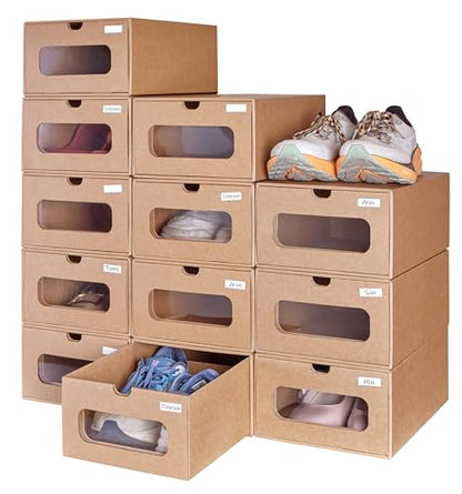12 Pack Shoe Storage Bins, Waterproof Storage Boxes, Shoe Containers For Sneaker Display, Hat Organizer, Stack-able Cardboard Boxes, with Marking Labels, Transparent Window(13.2'' x 8.3'' x 5.1'')