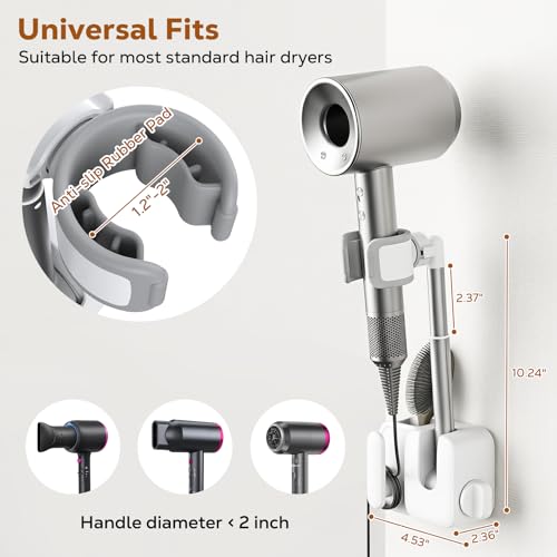 MoKo Hair Dryer Holder Wall Mount, Anti-Sag Adjustable Blow Dryer Stand | Anti-sag knob lock, 360° rotation, Height adjustable, Storage slot and cable management, No drill installation needed.